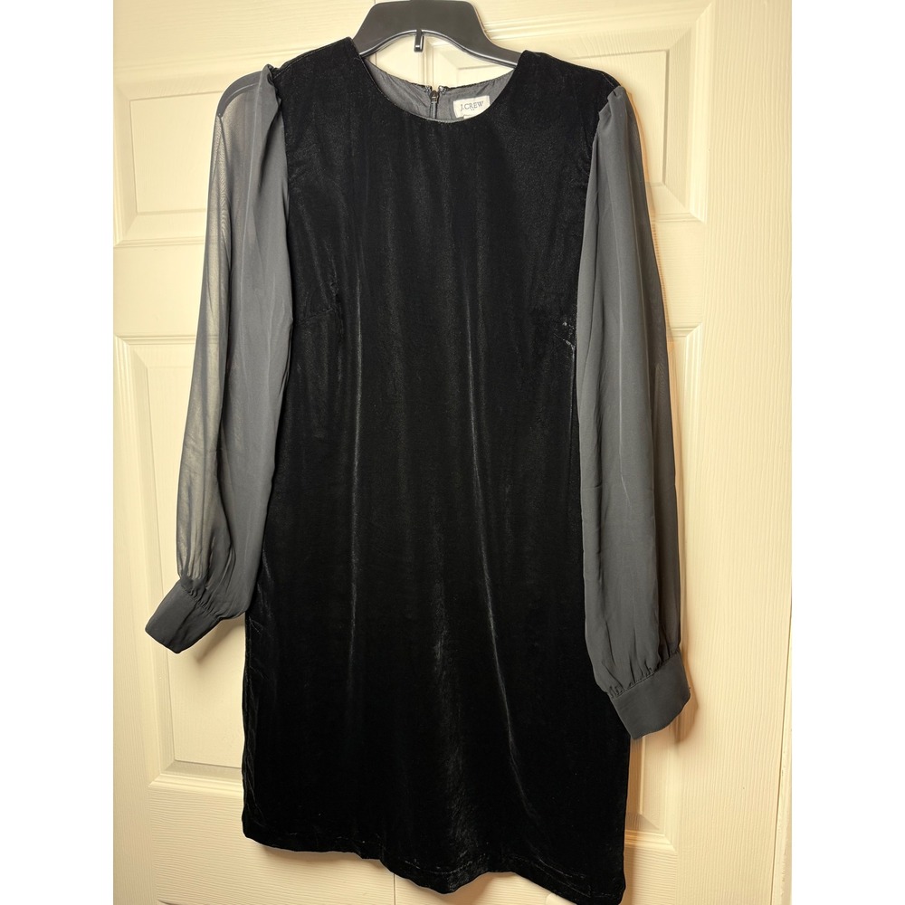 J.Crew Black Velvet Sheer Sleeve Shift‎ Dress CE630 Womens 10 New